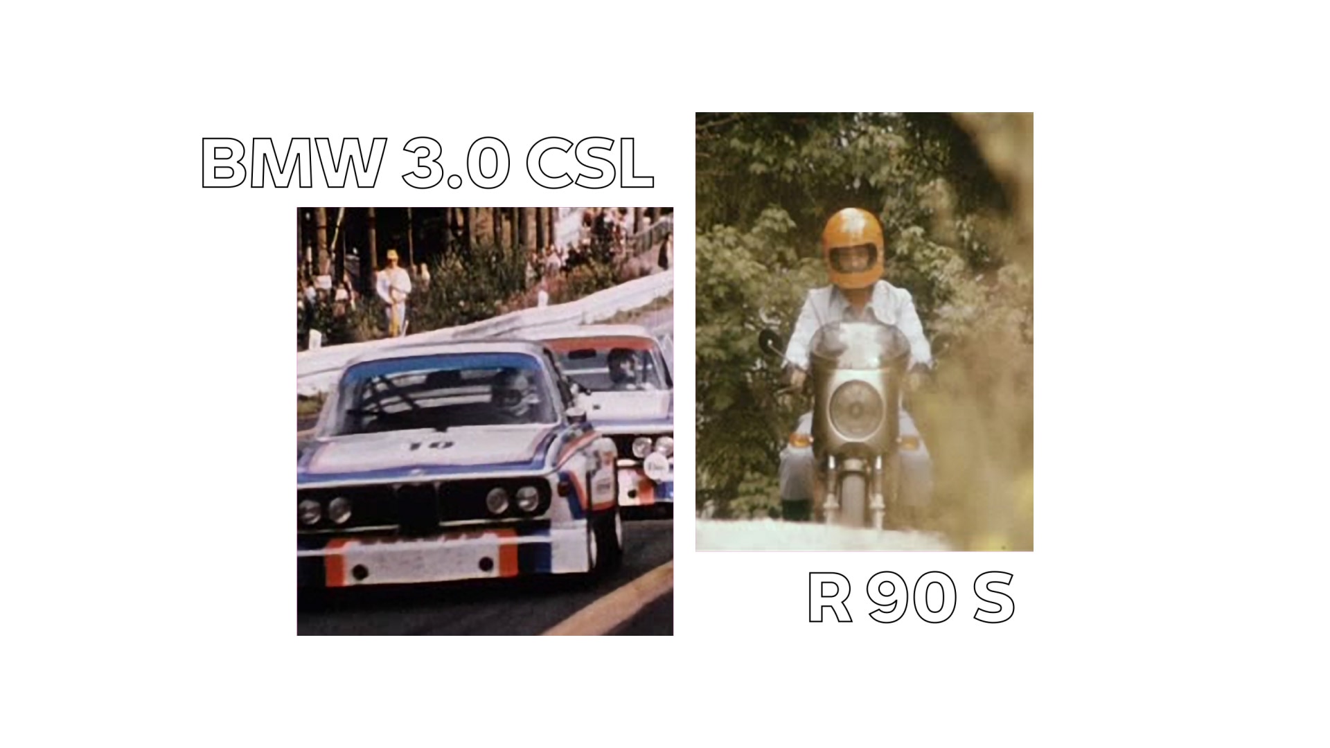 Sa leve strane, istorijska slika BMW-a 3.0 CSL, sa desne strane, BMW R 90 S autora Helmuta Denea.