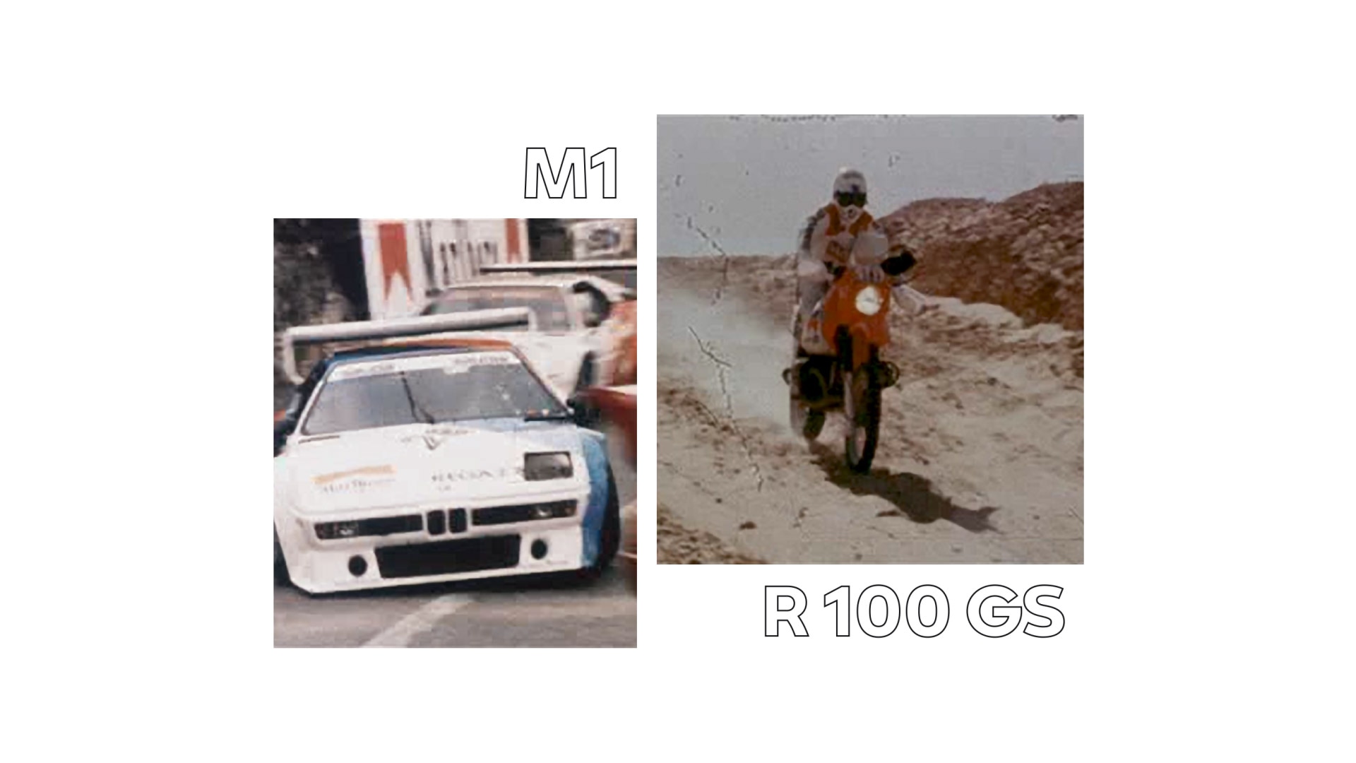 Sa leve strane istorijska slika BMV M1, sa desne strane legendarni motocikl Paris Dakar Rallie.