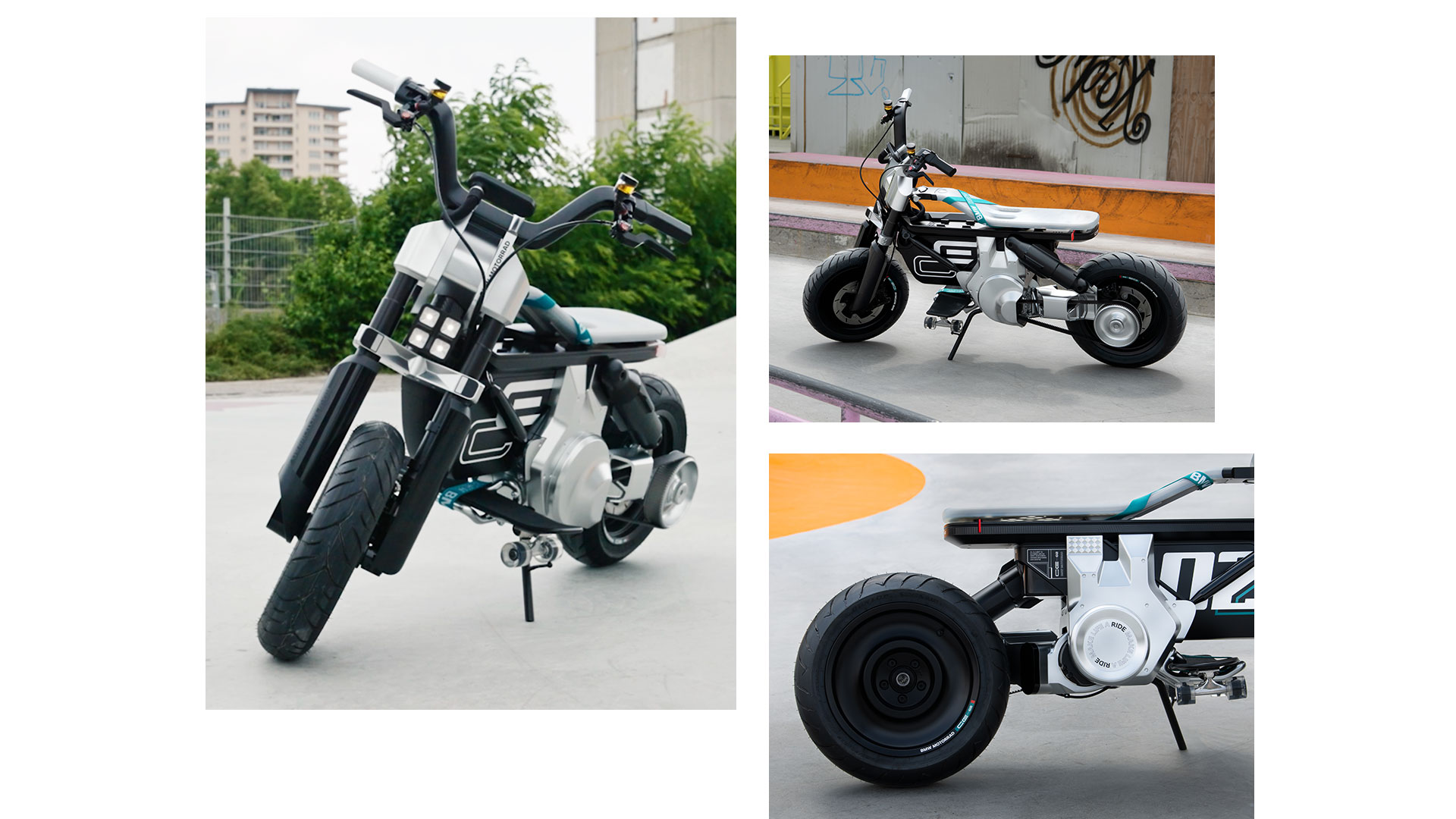 Collage of three images of the Concept CE 02 at a skate park. The left focuses on the proportions of the model, top tight is a side view of the model, while the bottom right focuses on the rear wheel and seat.