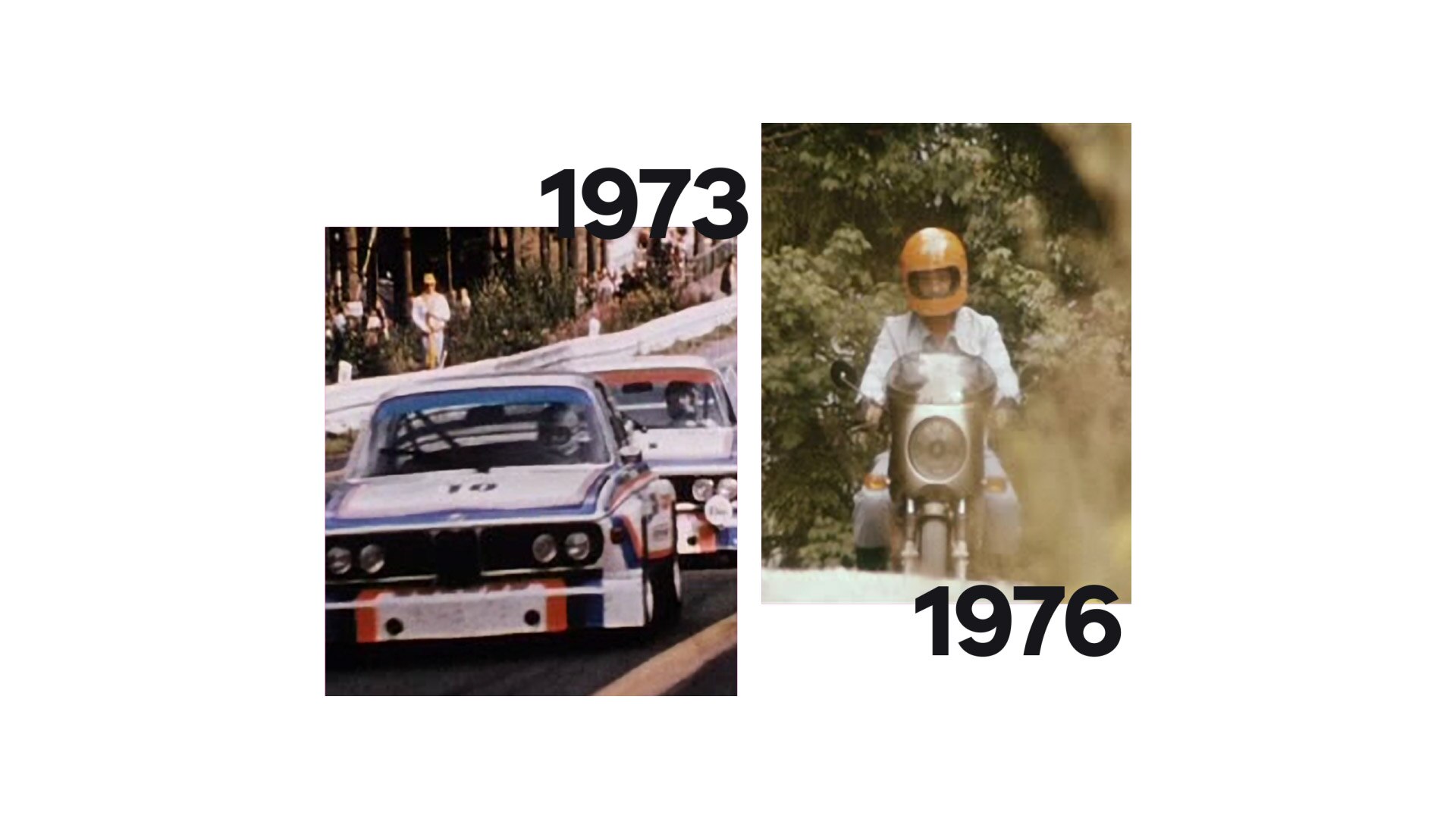 Sa leve strane je istorijska slika BMW-a 3.0 CSL, sa desne strane je BMW R 90 S autora Helmuta Denea.